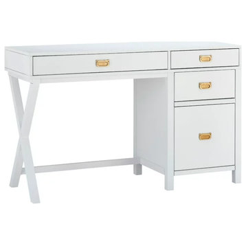 Contemporary Desk, X-Leg & 4 Spacious Drawers With Metal Pull Handles, White