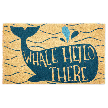 DII 30x18" Modern Coir Fabric Whale Hello There Doormat in Blue and Beige