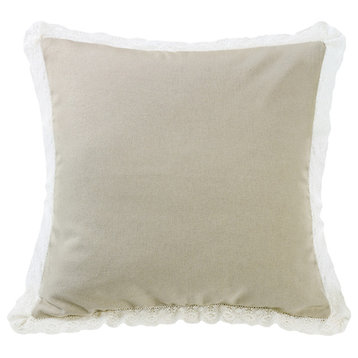 Tan Burlap With Off-White Lace Trim Square Pillow, 18x18
