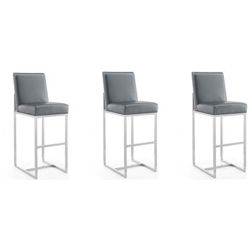 Element 29" Faux Leather Bar Stool, Graphite and Polished Chrome, Set of 3