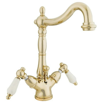 Traditional Bathroom Faucet, 2 Elegant White Levers & Brass Pop Up Drain, Brass