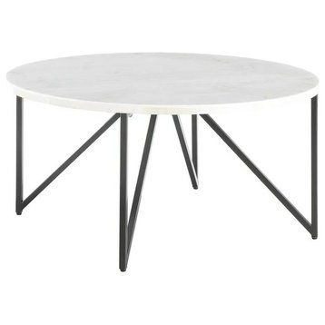 Contemporary Coffee Table, Angular Metal Legs With Round Marble Top, White/Black
