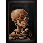 overstockArt - La Pastiche Skull of Skeleton with Cigarette with Veine Bronze Frame, 29" x 41" - Skull of a Skeleton with Burning Cigarette is an early work by Vincent Van Gogh created in 1886 as a project when he was studying in art school. A skeleton was used in one of his classes to help the students study human anatomy. Although the cigarette in the skulls mouth could be taken as some type of symbolism it was really just a piece of Van Goghs youthful humor. This painting is an example of a skill set that Van Gogh carried that we do not often see in his work. He had a great talent when working with anatomy. We can see this in only a few of his paintings including his self portraits. This piece would make an excellent seasonal piece especially around Halloween to match your other decorations Or if you just want to inject a little bit of humor into a space. Frame Description Veine DOr Bronze Angled Frame