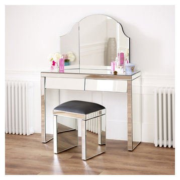 50s Style Angled 2 Drawer Mirrored Dressing Table Set with Black Set