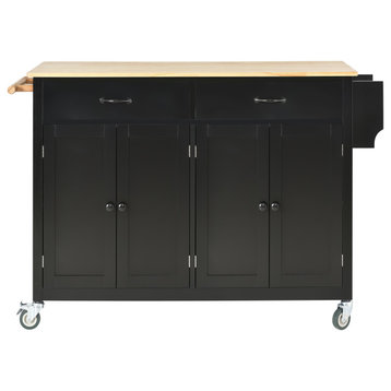 Multifunctional Solid Wood Frame Kitchen Cart, Adjustable Shelves, Black