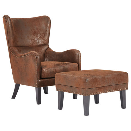 GDF Studio Emerson 2-Piece Microfiber Lounge Chair with Ottoman Set, Brown