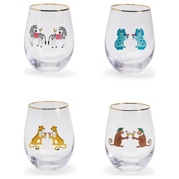 Two's Company Animal Party Set of 4 Stemless Wine Glasses (16 oz each)