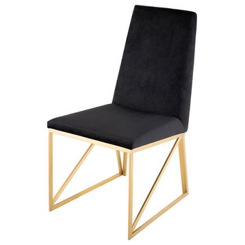 Caprice Dining Chair, Velour Fabric Armless Chair, Gold Dining Chair, Black