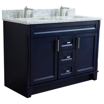 48" Double Sink Vanity, Blue Finish With White Carrara Marble