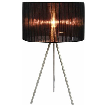 Simple Designs Brushed Nickel Tripod Table Lamp, Pleated Silk Sheer Black Shade