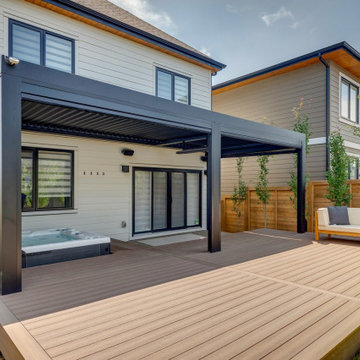 StruXure Pergola Over Hot Tub Area with Screens & Privacy Wall, Feat. Lights & H