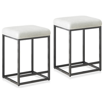 24" Upholstered PU Leather Bar Stools Set of 2, with Metal Base, White & Black