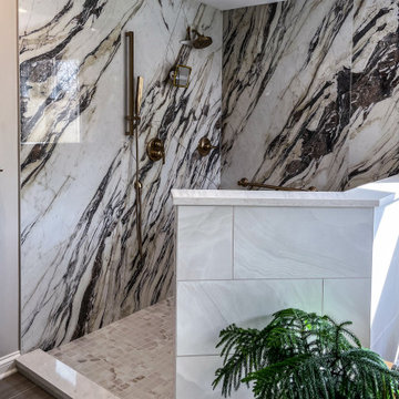 Master Bath with Refaced Vanity and Full Height Porcelain Tile Shower Walls