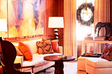 Inspiration for a large timeless light wood floor study room remodel in Atlanta with brown walls