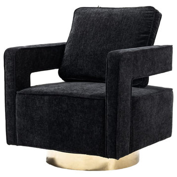 Modern Accent Chair, Cushioned Seat With Curved Back & Open Arms, Black/Gold