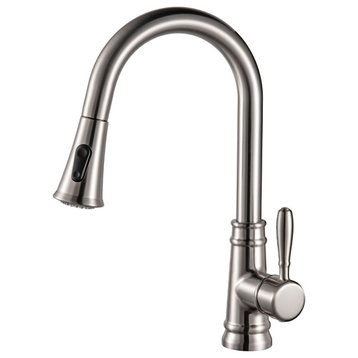 Single Handle High Arc Pull Out Kitchen Faucet in Brushed Nickel Finish
