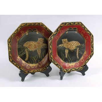 Leopard Plates and Plate Stands, Set of 2