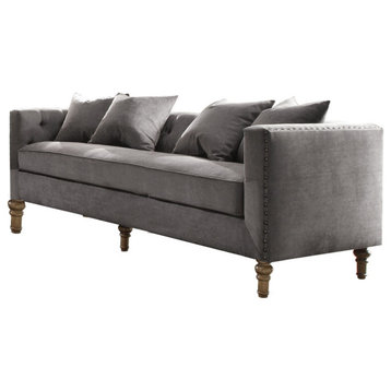 Regal Gray Velvet Sofa With 4 Pillows