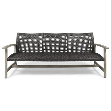 Unique Outdoor Sofa, Light Gray Acacia Wood Frame With Mix Black Wicker Seat