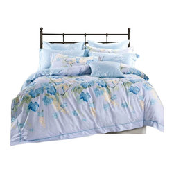 The Linen Center - Tranquil Leaves, Full Size, 4 Piece Linen Set With Fitted Sheet - Duvet Covers And Duvet Sets