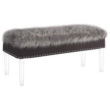 20" Tall "Horice" Upholstered Storage Bench With Acrylic Legs, Gray/Faux Fur