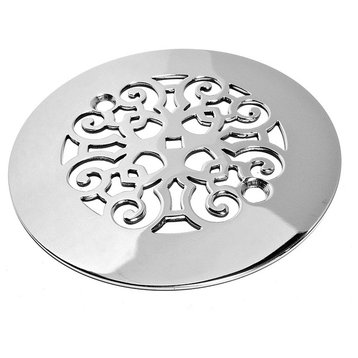 Round 4.25" Shower Drain Cover, Replacement for Sioux Chief, Scrolls No. 4, Polished Stainless Steel
