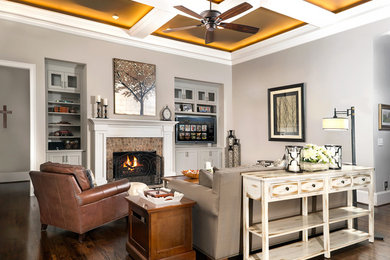 Large transitional formal and open concept dark wood floor living room photo in Other with beige walls, a standard fireplace and a media wall