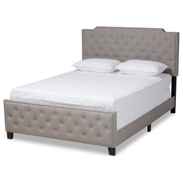 Modern Transitional Grey Fabric Upholstered Button Tufted King Size Panel Bed