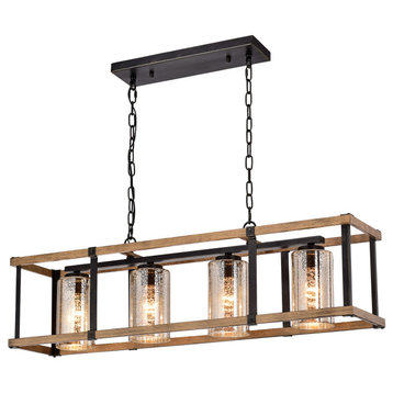 Olive Glass Linear Chandelier Faux Wood Grain and Antique Black