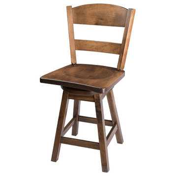 Rustic Swivel Bar Stool, Maple Wood With Back, Cappuccino, Bar Height, 30"
