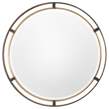 Midcentury Modern Gold Bronze Round Mirror, 36" Thin Frame Minimalist Metal