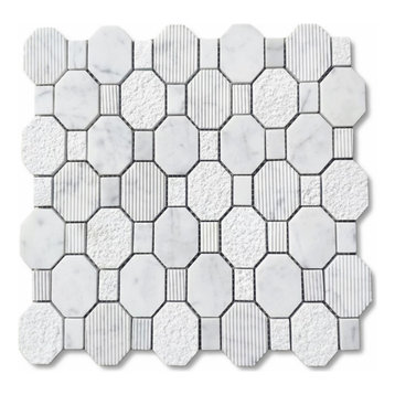 Carrara White Marble Stella Octagon Regency Multi Finish Textured Tile, 1 sheet