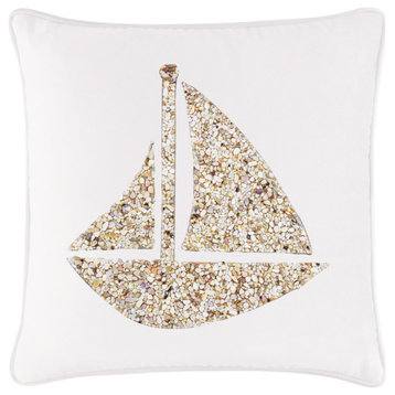 Sparkles Home Shell Sailboat Pillow, White Velvet, 16x16"