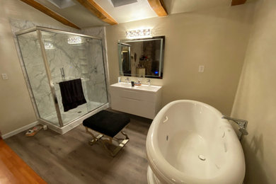 Example of a large minimalist master multicolored tile and marble tile dark wood floor, brown floor, double-sink, exposed beam and wallpaper bathroom design in San Francisco with furniture-like cabinets, white cabinets, beige walls, a drop-in sink, solid surface countertops, white countertops and a floating vanity