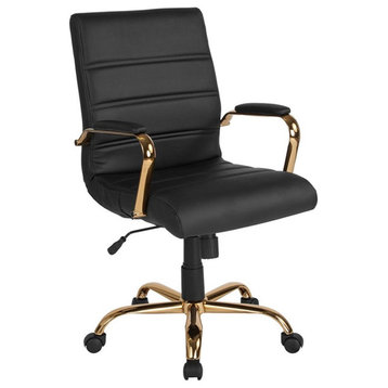 Pemberly Row Mid Back Leather Office Swivel Chair in Black and Gold