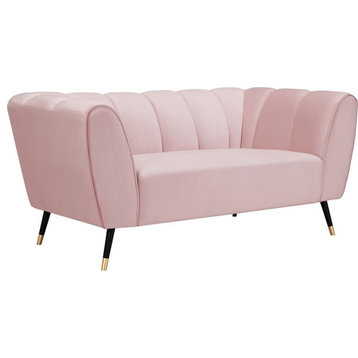 Pemberly Row Contemporary Velvet and Metal Loveseat in Soft Pink