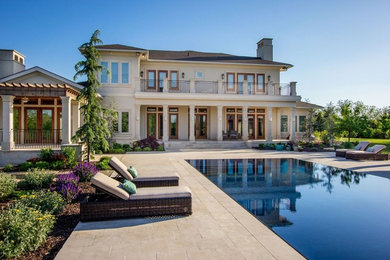 Large trendy backyard stone and rectangular lap pool house photo in Other