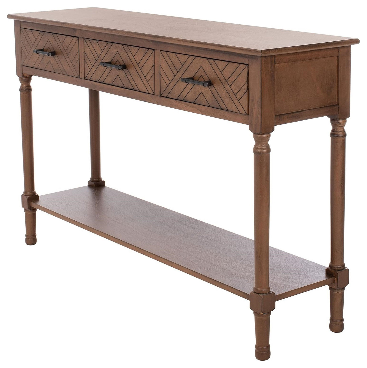 Elegant Brown Console Table with 3 Drawers and Herringbone Carved ...