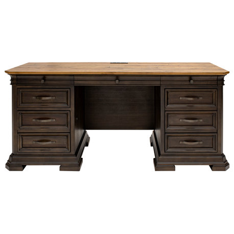 Executive Credenza Desk Writing Table With Solid Wood Plank Top Brown