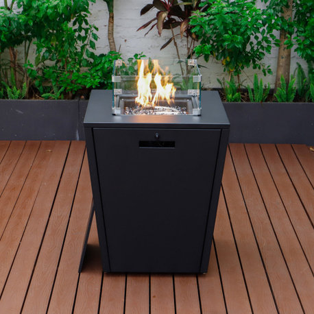 LeisureMod Chelsea Patio Propane Aluminum Fire Pit Side Table With Lid, Black