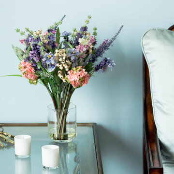 Living Rooms with Nearly Natural Silk Florals - Lavender and Hydrangea arrangeme