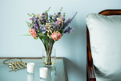 Living Rooms with Nearly Natural Silk Florals - Lavender and Hydrangea arrangeme