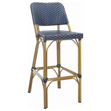 Outdoor Barstool, Bamboo Look Aluminum Frame With PE Wicker Seat & Back, Navy