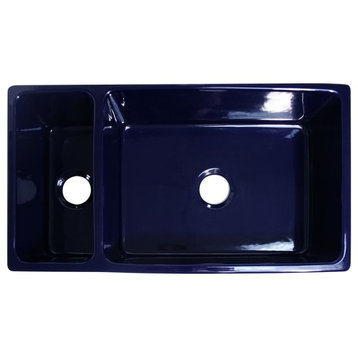 Large Quatro Alcove Reversible Fireclay Sink And Small Bowl, Sapphire Blue