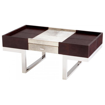 Curtis Coffee Table, Stainless Steel And Brown, Wood, Leather, Iron, 24"W