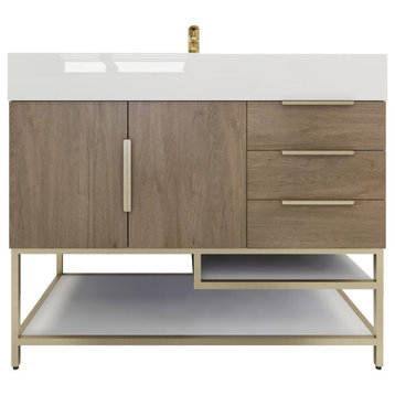 Madison 42" Free Standing Vanity with Reinforced Acrylic Sink/Right Drawers, Light Oak