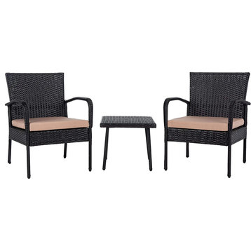 3 Pieces Patio Set, Comfortable Beige Cushioned Armchairs With Side Table, Black