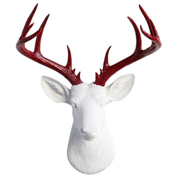 Faux Deer Head Wall Mount 14 Point Stag Head Antlers, White and Red