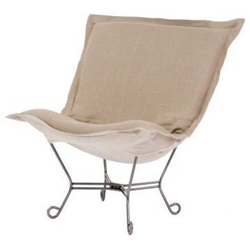 Howard Elliott Prairie Linen Natural Scroll Puff Chair, Titanium Frame