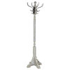Freestanding Coat Rack, Wood Construction With Carved Details, Distressed Grey